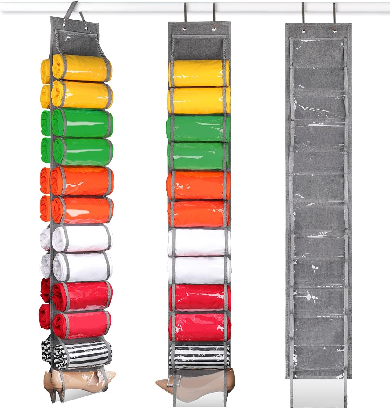 Legging Organizer - Hanging Closet Organizers and Storage for Clothes - 24 Compartments Jeans Organizer for Closet - Foldable Space Saving Clothes Roll Holder (Grey)