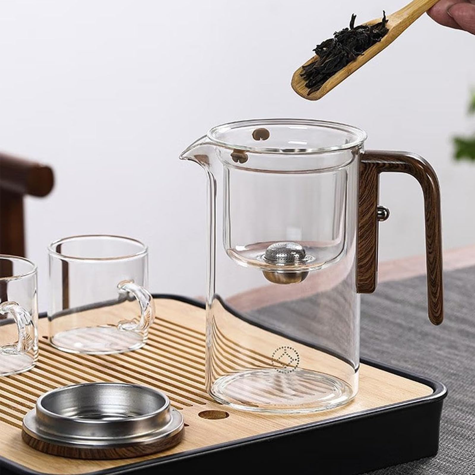 Hexerei-Teekanne, verzauberte Teekanne mit Drucksteuerung, magische Teekanne mit Sieb, 2-in-1-magische Teekanne for losen Tee, Hexenglas-Teekanne, magische Teekanne aus Glas mit Holzgriff(520ml: 15.5*