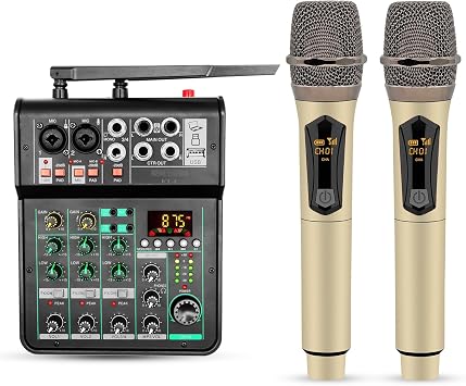 5 Core 4 Channel Audio Mixer with Bluetooth DJ Sound Controller XLR Microphone Studio Soundboard w +48V Phantom USB-A, MP3 Player Full EQ RCA Input/Output w Wireless Mic