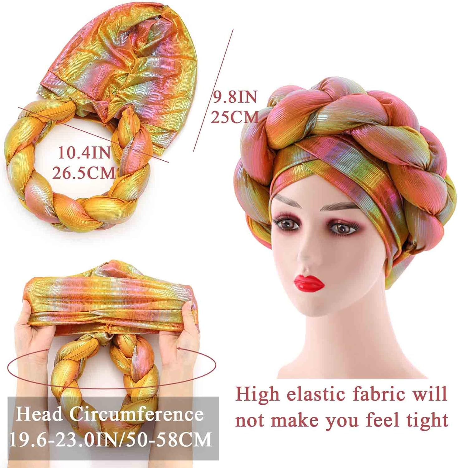 Woeoe Women African Turban Rose Red Braid Beanie Cap Headwear Pre-Tied Stretchy Twisted Head Turbans - Image 7