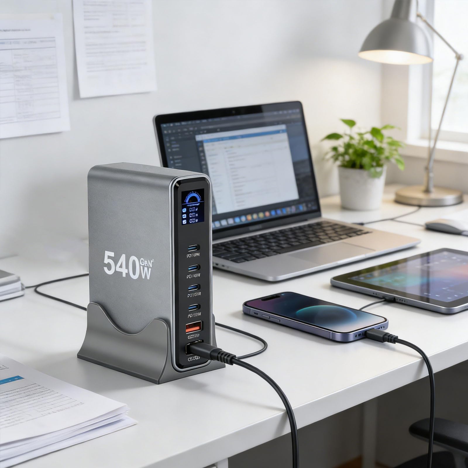 Station de charge USB de bureau avec écran LCD intelligent 540 W/670 W - Station de charge rapide USB pour tablette, smartphone, écran LCD, plusieurs ports, appareil rapide