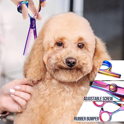 Miniatura 6 de Gimars - Juego de tijeras profesionales para el aseo de perros 4CR con punta redonda de seguridad, 5 en 1, con revestimiento de titanio resistente