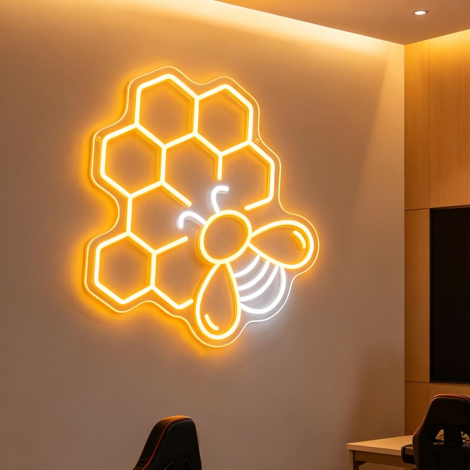 Bee Neon Sign Honey Bee Neon Light Wall Decor Dimmable Neon Light Up Signs for Bedroom Office Patio Garden Store Birthday Gift USB Powered LED Energy-Saving Light with Hanging Kit (14.6 * 15.7 in)