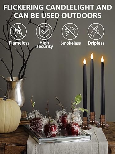 Miniatura 2 de Paquete de 6 velas negras de Halloween, velas LED sin llama con bases, llama parpadeante, velas altas cónicas que funcionan con pilas, velas sin