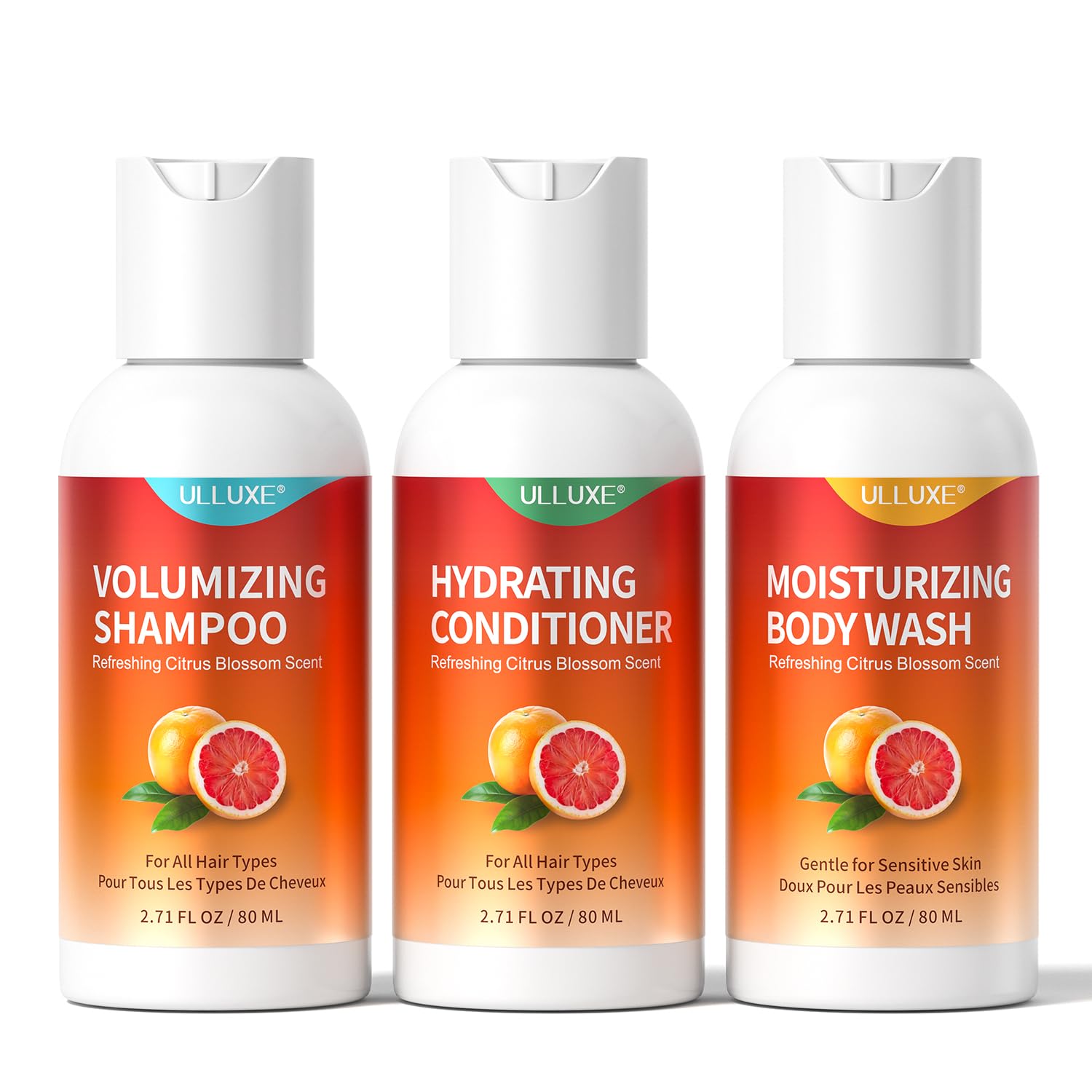 Travel Size Shampoo Conditioner and Body Wash Set, Hair Care & Body Care Trio Gift Set for Trip, Camping, Outdoor, Hotel & Gyms, Gentle For Baby, TSA Friendly Essentials, 2.71 Oz Ea