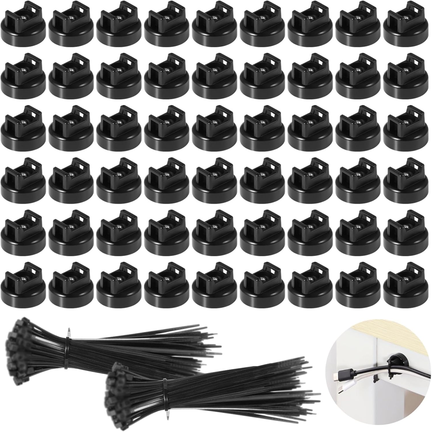 Magnetic Cable Zip Tie Mounts, 70 Pcs Magnet Bases with 300 Pcs Cable Ties, Multipurpose Wire Management Organizer for Desk PC Home Office, Adhesive-Free Cable Clips Holder