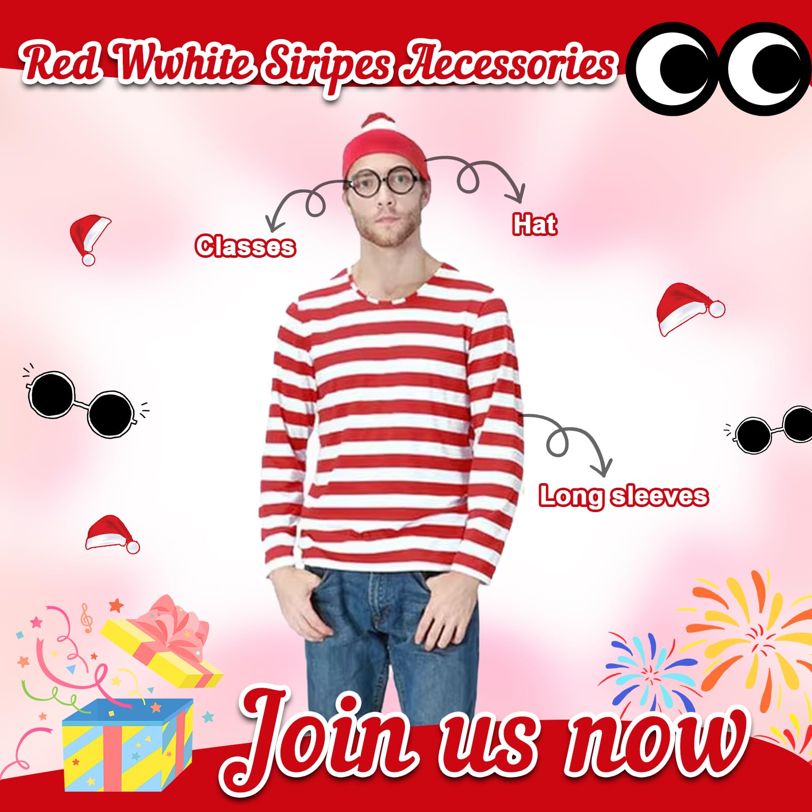 3PCS Men's Wally Costume Set,Cosplay Accessories Set including Red&White Stripe Long Sleeve Top Bobble Hat Black Nerd Glasses,90s Fancy Dress Costume for World Book Day Halloween Dress Up Day (Men - Image 4