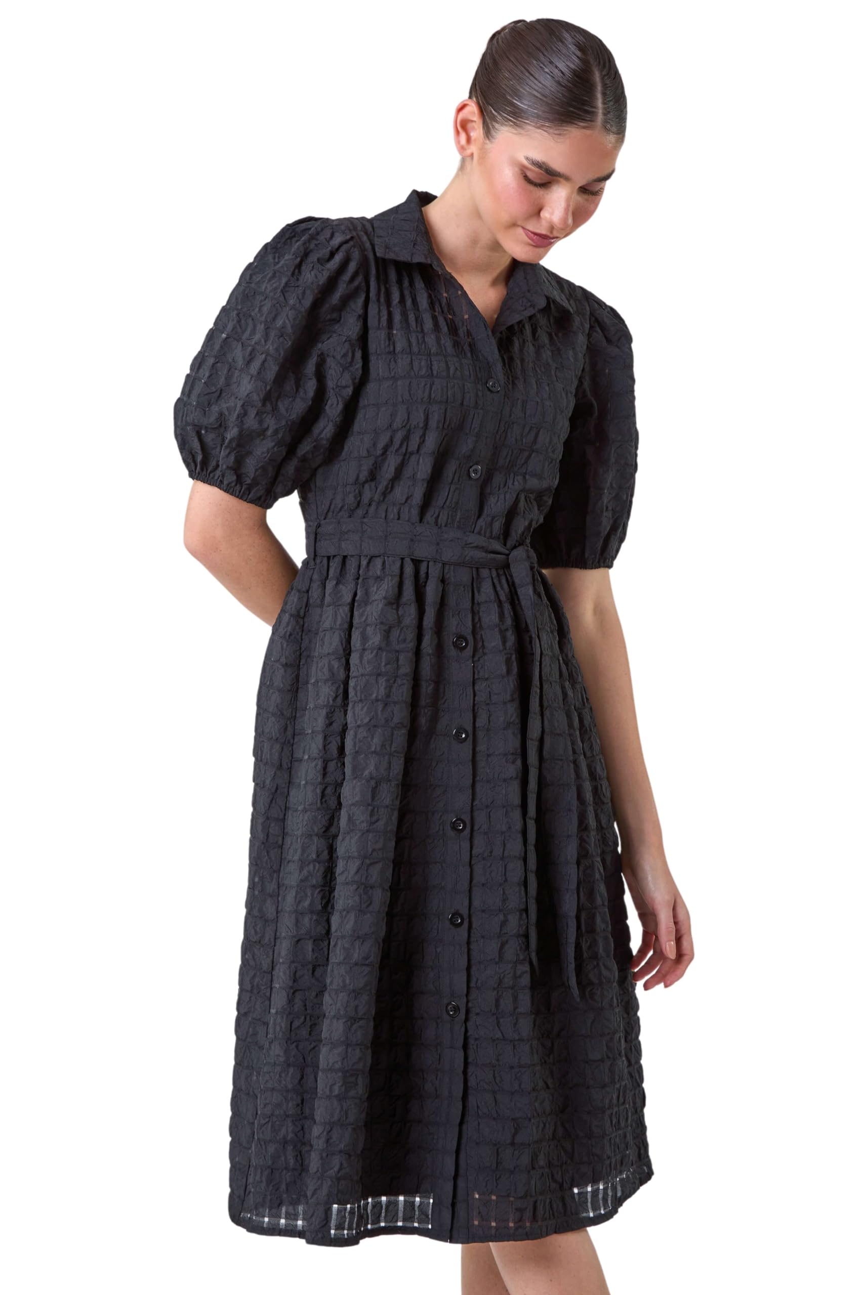 Roman Women's Black Textured Puff Sleeve Midi Shirt Dress In Size 16
