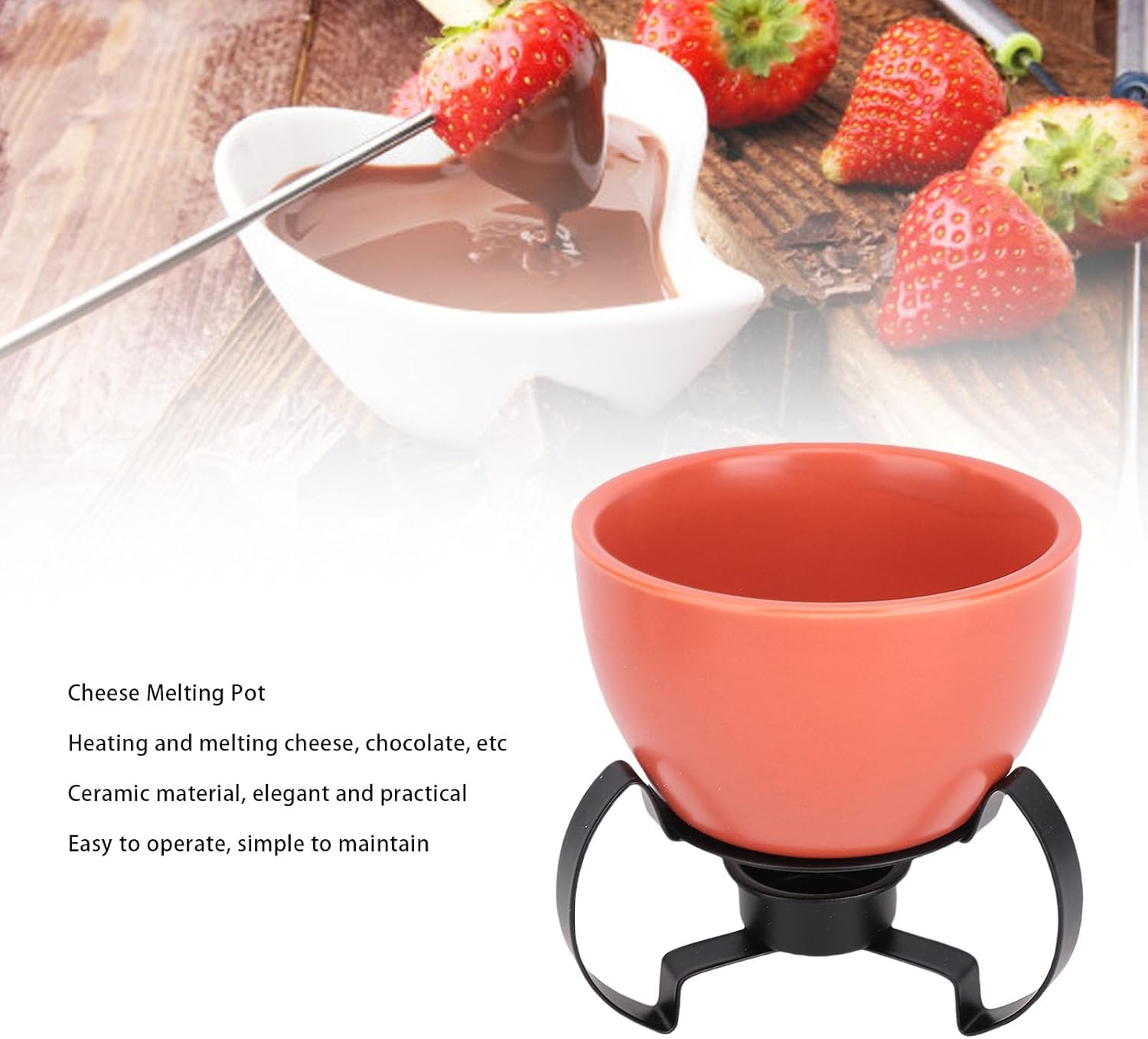 Qinlorgo Cheese Fondue Pot, Hand Painted European Style Melting Pot, Chocolate Cheese with Detachable Metal Stand, Sturdy Base for Even Heat Distribution (Orange)