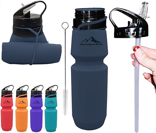 Botella de agua plegable (25 onzas), botella de agua plegable de silicona sin BPA que ahorra espacio, con popote extraíble, botellas de agua