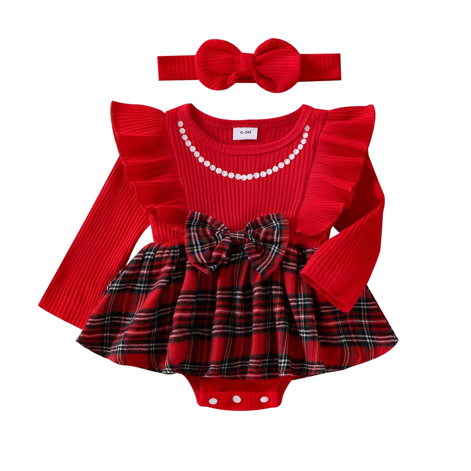 Baby Girl Fall Winter Romper Dress Christmas Outfit Pearl Print Ribbed Bodysuit Plaid Skirt Infant Girl Clothes (Red, 3-6 Months)