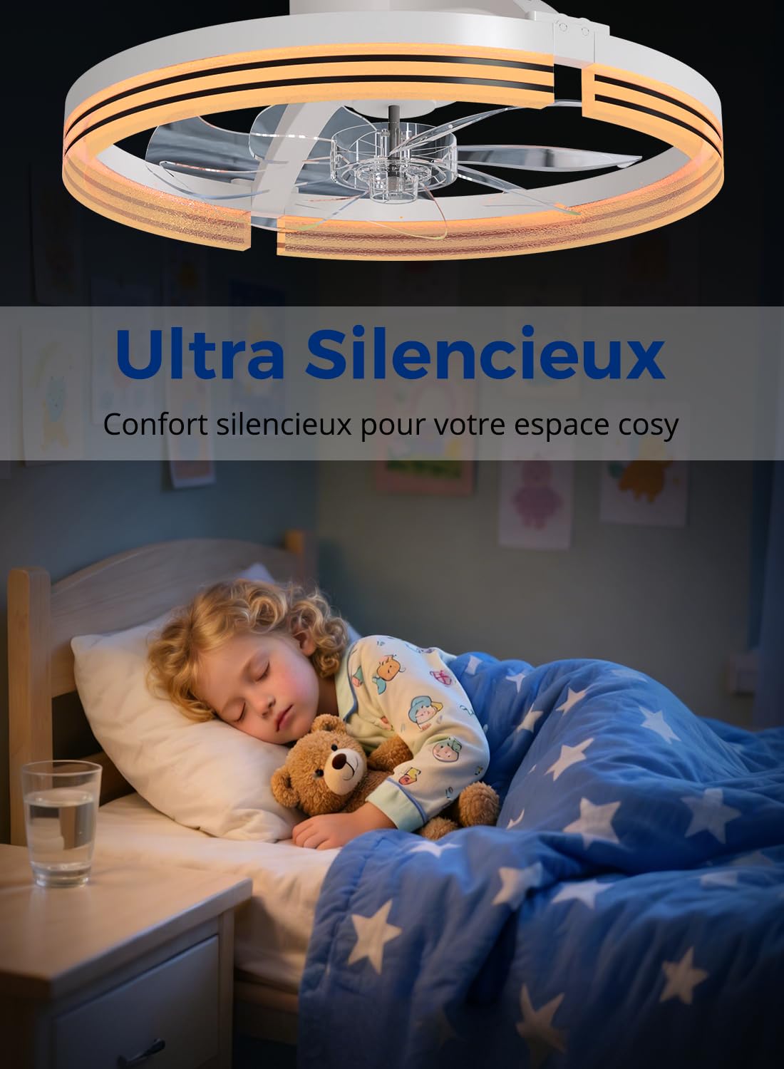 Ventilateur de Plafond 46cm avec Lumière LED, 6 Vitesses Réglables, Mode Réversible Avant/Arrière Dimmable 3000-6500K, Télécommande et Contrôle APP, Plafonnier LED Moderne pour Salon et Chambre, Blanc