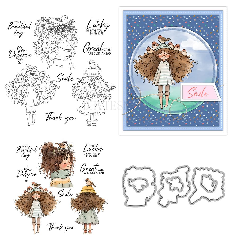 Bird's Nest Head Girl Stamps and Die Cuts for Card Making Child Transparent Silicone Clear Stamp and Metal Cutting Dies Sets for DIY Scrapbooking Paper Crafting Seals Decorative Supplies — image 1