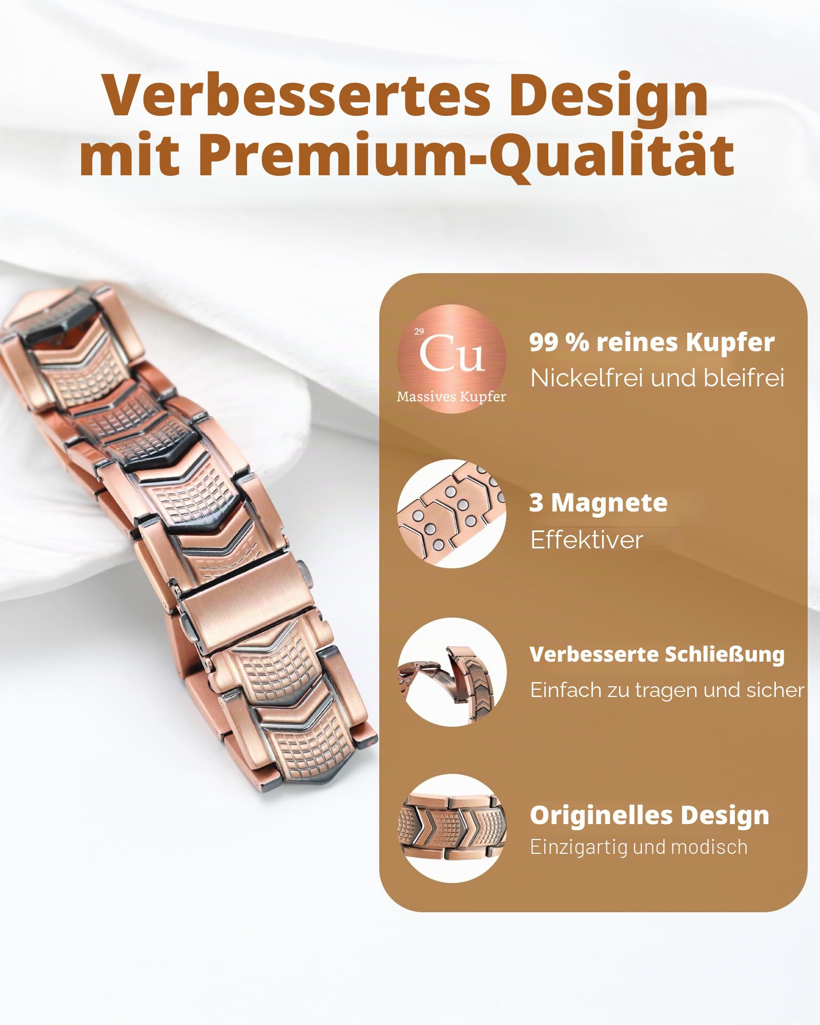Jeracol Kupferarmband und 3 x Magnetarmband für Herren, mit 3 Reihen ultrastarken Magneten und einzigartiger Faltschließe