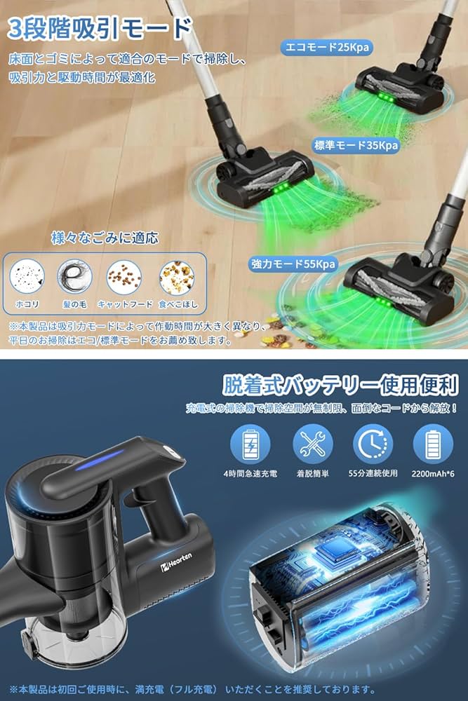 Hearten 掃除機 コードレス【55PA超強力吸引・自立式設計・グリーン Amazon | Hearten 掃除機 コードレス【55000PA超強力吸引・自立