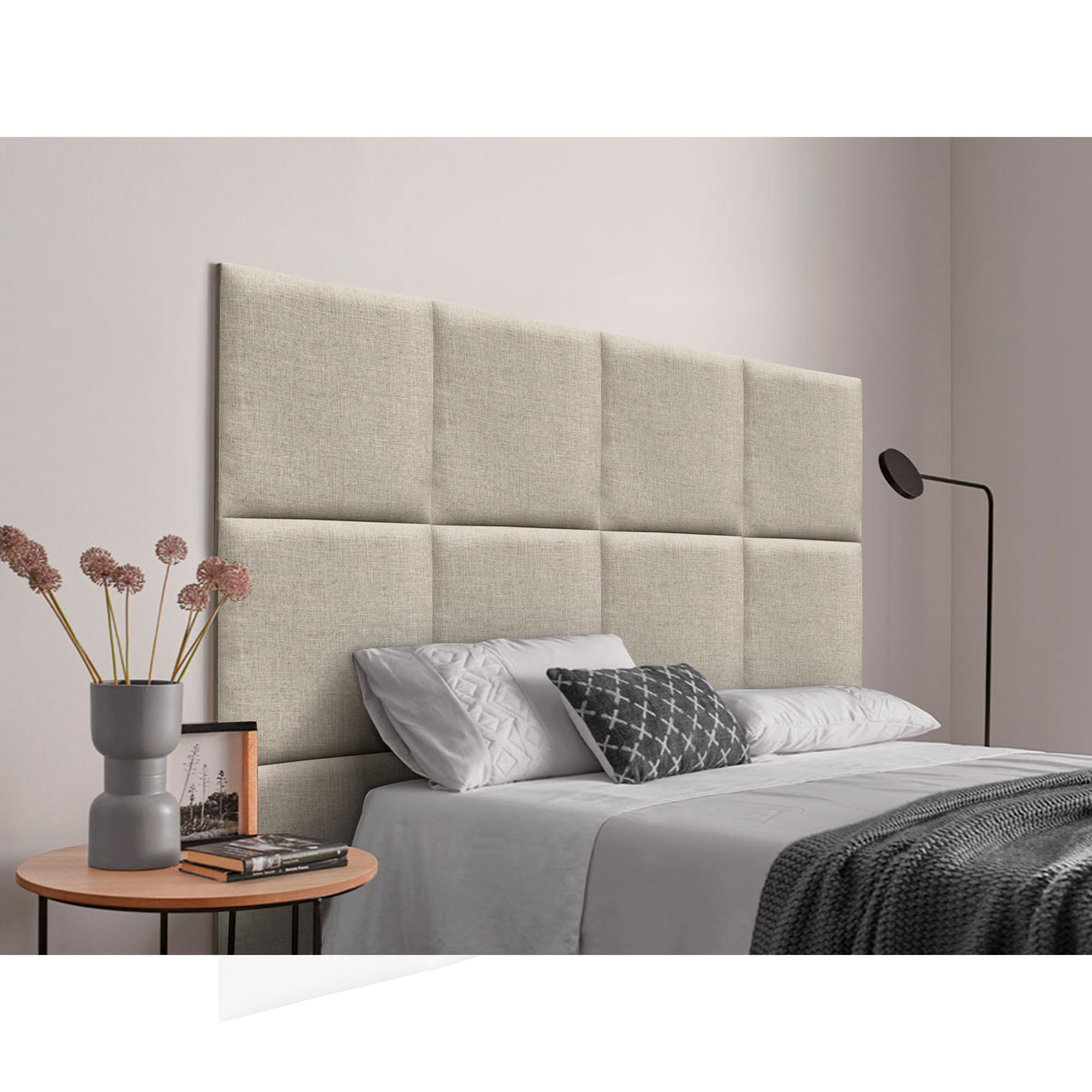 DHOME Cabecero Tapizado Compuesto de Paneles Autoadhesivos Intercambiables de Lino Natural Cama Lujo Dormitorio Acolchado (Beige, 90cm)