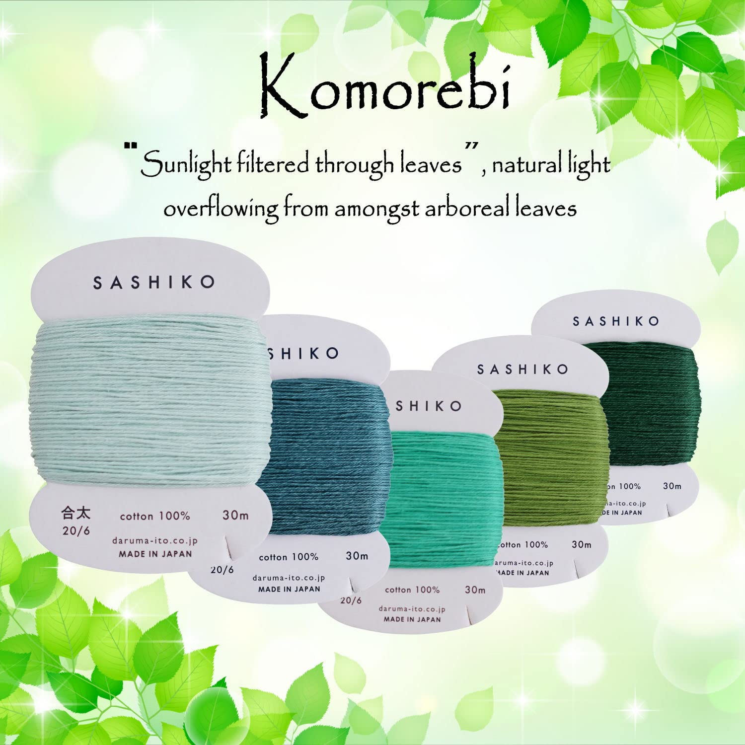 DARUMA - Set di fili per Sashiko in 100% cotone (30 m), confezionato su un cartoncino, 5 colori, con manuale in inglese, set per cucito e ricamo (spesso, Komorebi)