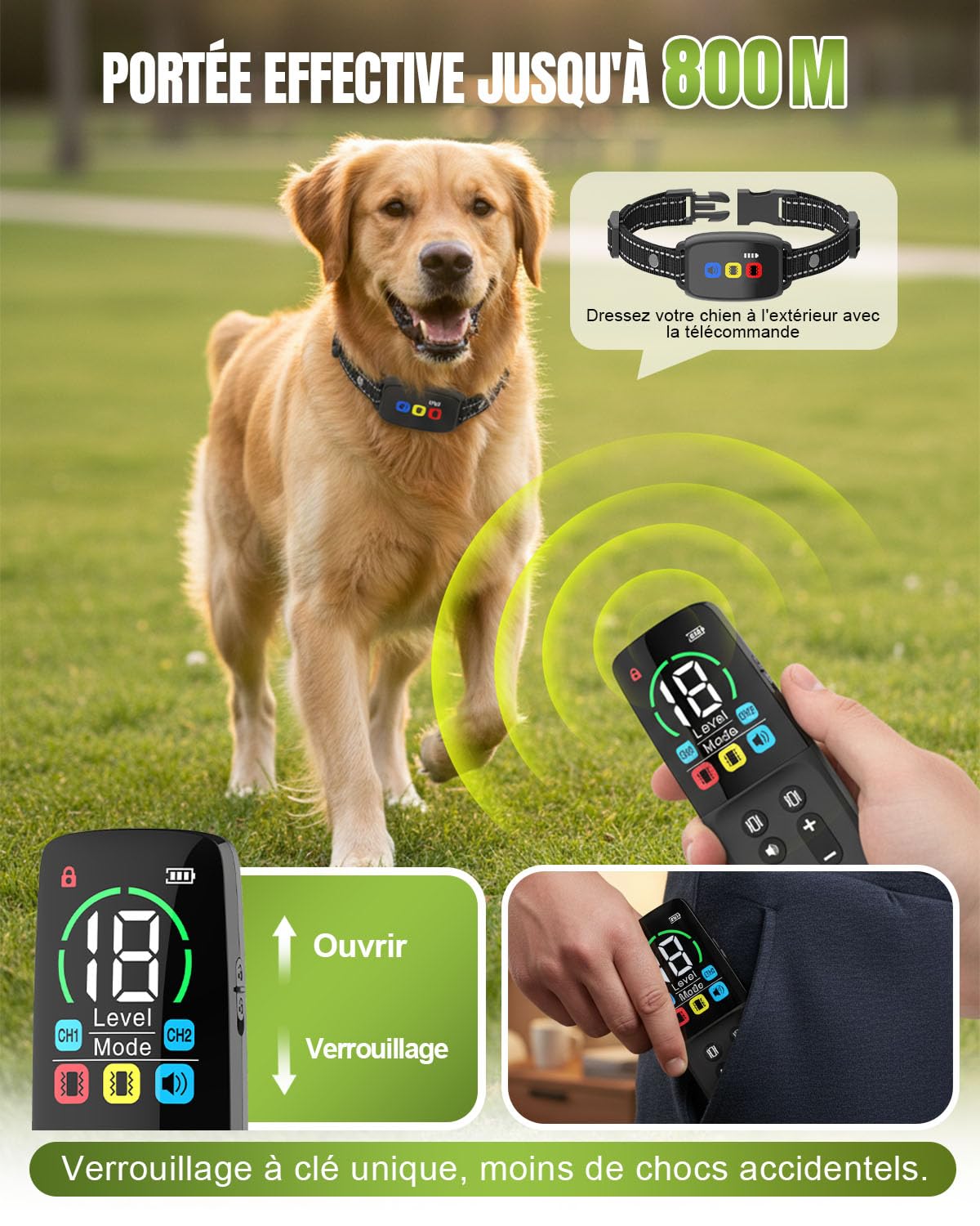 Collier de Dressage pour Chiens Rechargeable avec Télécommande, Bip, Vibration, Forte Vibration, Portée 800m, Étanche IP67, Collier Éducation Chien, pour Petits et Grands Chiens (8-120 lbs)