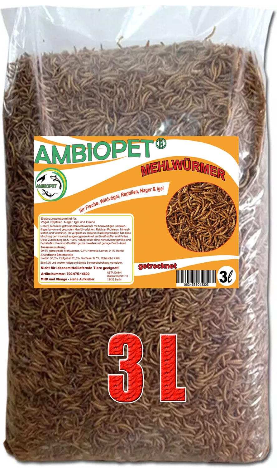Ambiopet getrocknete Mehlwürmer in 3L Abpackung, Protein- und fettreich, verfeinert und gesiebt, für Fische, Nager, Vögel, Reptilien, auch Koifutter oder Igelfutter