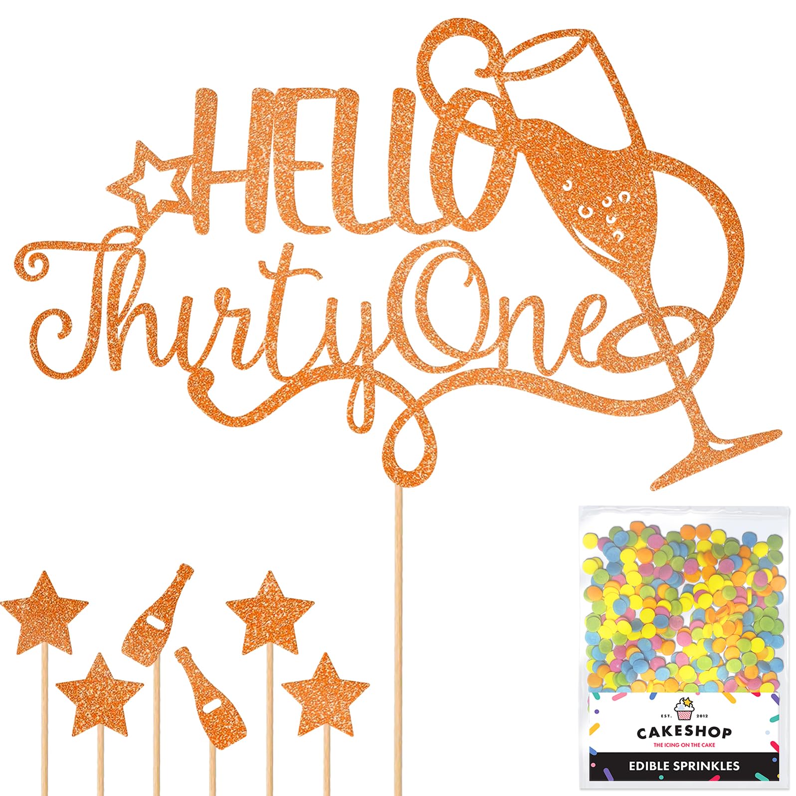 Personalised Champagne/Prosecco Flutes Glitter Cake Topper - Copper Orange Custom Age Glitter Cake Decoration and Sprinkles - Happy Birthday Decorations - Personalised Toppers for Cakes by Cakeshop — image 1
