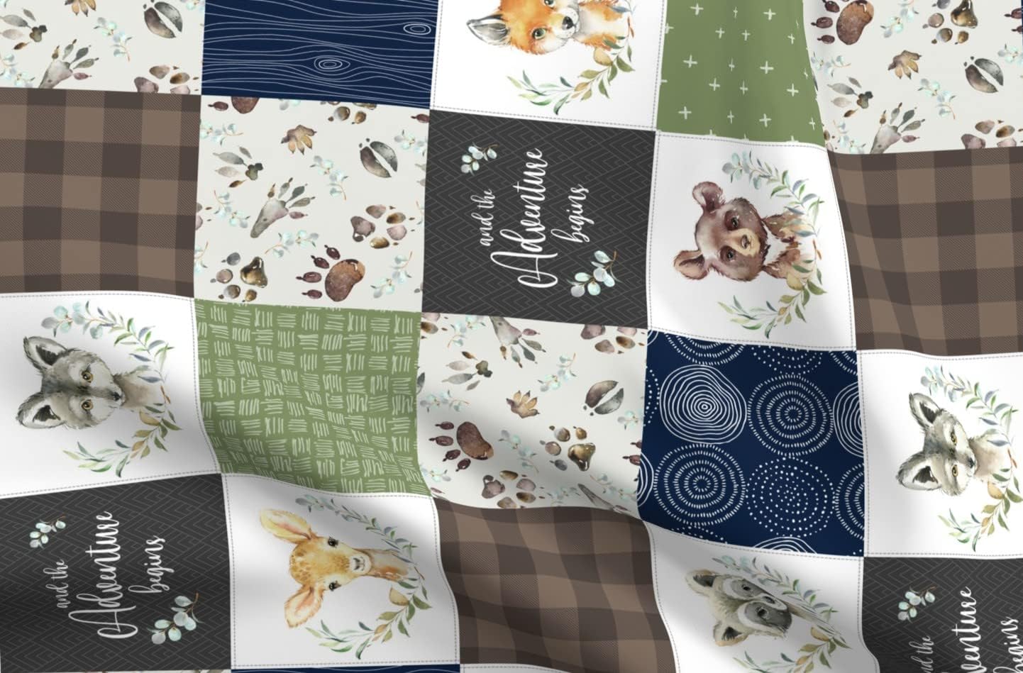 Spoonflower Fabric - Woodland Whimsical Forest Nursery Cheater Quilt Deer Bear Fox Baby Boy Printed on Upholstery Velvet Fabric Fat Quarter - Upholstery Home Decor Bottomweight Apparel