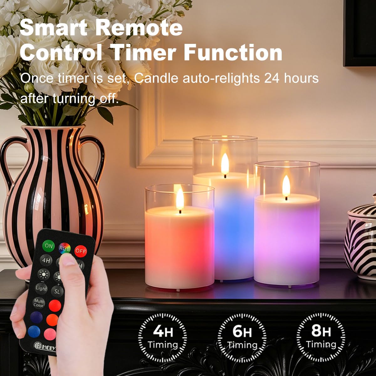 Wiederaufladbare RGB Flammenlose Kerze, Blinkende LED Stumpe Echtwachskerze mit Fernbedienung und Timer, Klarglas Elektronische Kerzen für Raumdekoration, 1 Set von 3