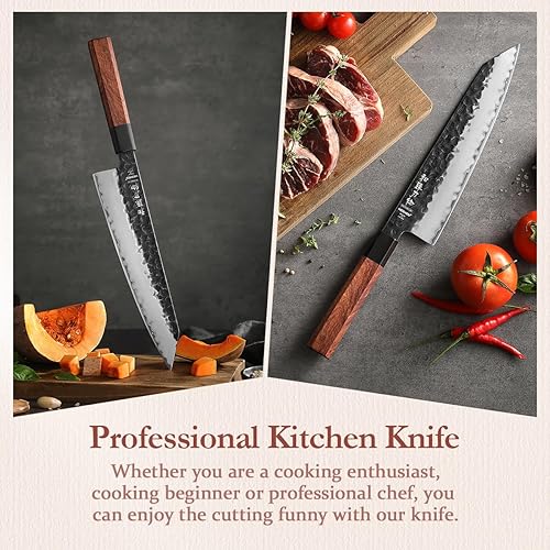 Vista 102 de HEZHEN Santoku - Cuchillo de chef de acero revestido de 3 capas, cuchillo de cocina japonés profesional para chefs y cocina casera, mango octogonal