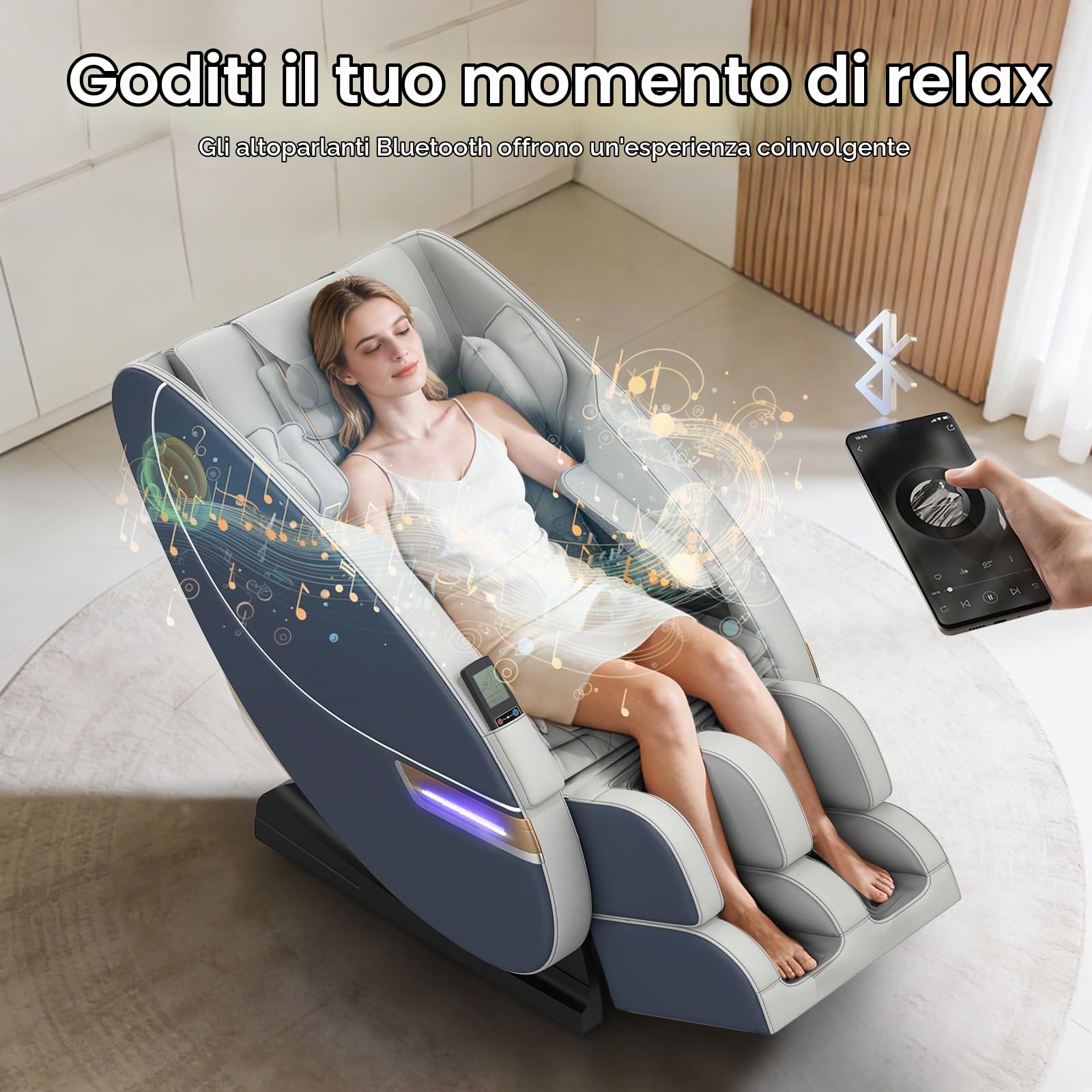 Poltrona massaggiante per tutto il corpo, con 14 punti massaggianti e 8 airbag, riscaldamento lombare e delle gambe, massaggio plantare con rulli, altoparlante Bluetooth, poltrone massaggiant