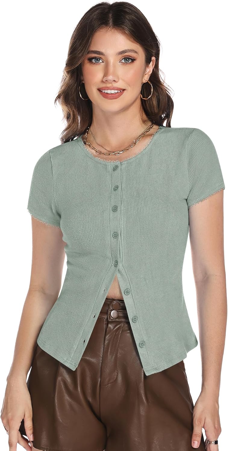 Micoson Button Down Shirts for Women Y2k Short Sleeve Ribbed Tops Lightweight Summer Cardigan Cute Trendy 2026 - Image 3