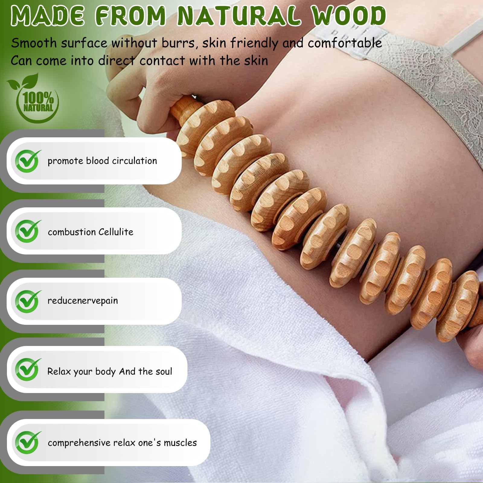 Lot de 3 Rouleaux de Massage en Bois pour Drainage Lymphatique et Anti Cellulite - Outil de Massage Fascia pour le Dos, le Cou, les Jambes - Détente Musculaire et Réduction de la Cellulite