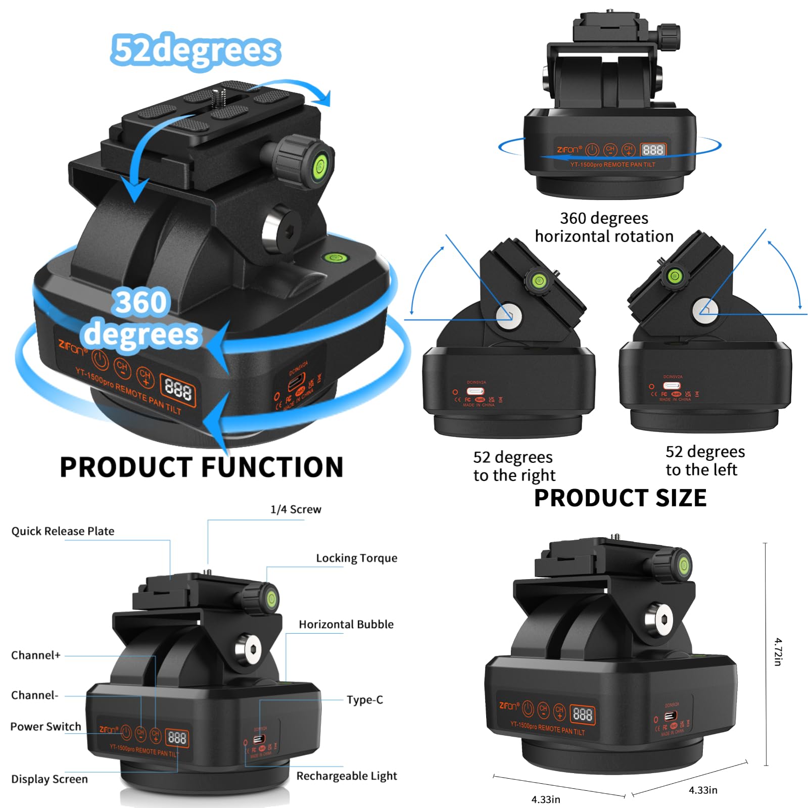 ZIFON YT1500 Pro - Testa treppiede fotocamera, telecomando girevole 360°, ciclo punto AB, 2,4 G, 40 m, 2,2 kg, impermeabile IP66 per DSLR, LED, Smartphone, Live Streaming
