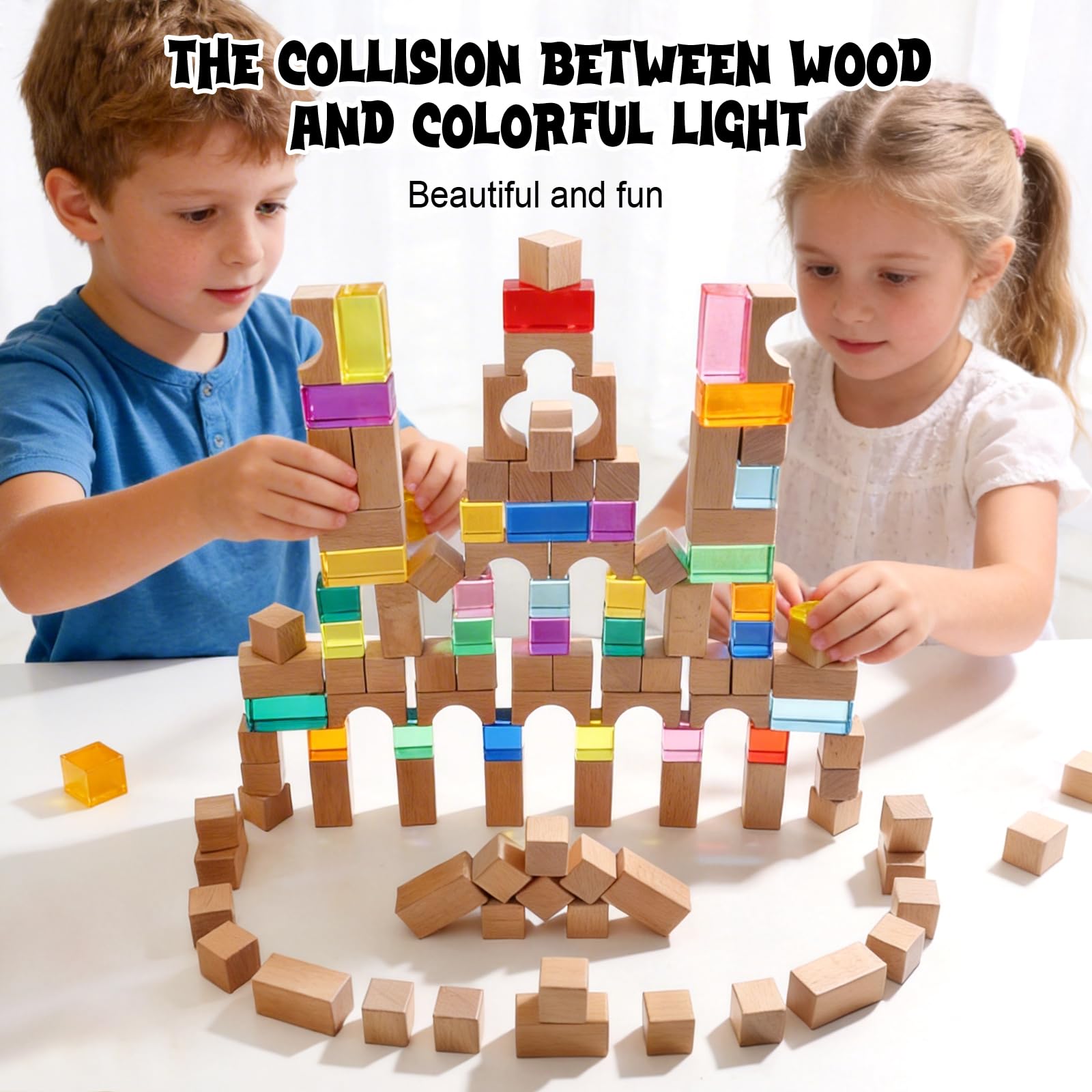 Juego de 100 bloques de construcción de madera de haya y acrílico