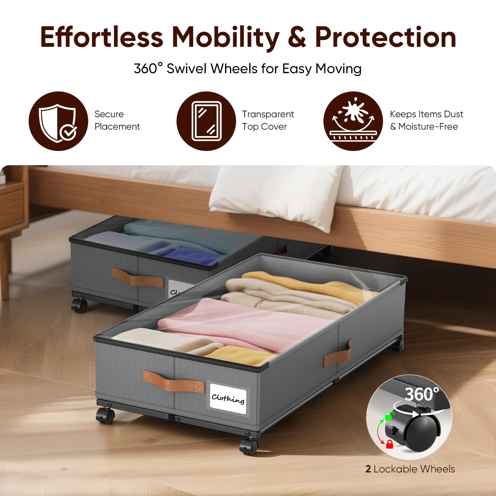 Set di 2 scatole portaoggetti sotto letto 48 l, cassetto sotto letto con ruote a 360 gradi, chiusura trasparente, separatore rimovibile, per vestiti, scarpe, coperte, 78 x 42 x 17 cm