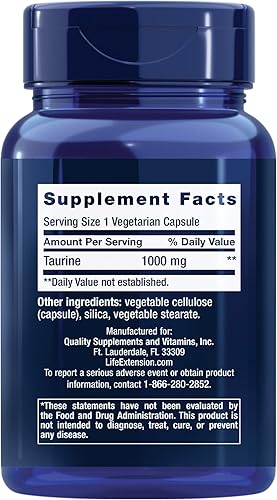 Miniatura 6 de Life Extension Glicina 1000 mg, Promueve la Relajación y el Sueño Saludable & Taurina, Suplemento de Aminoácido de Taurina Pura, Salud del Corazón,