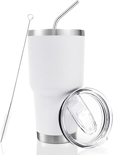 Vaso térmico de acero inoxidable de 30onzas, taza de viaje con tapa abatible para popote, con cepillo de limpieza, con aislamiento al vacío de doble