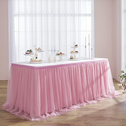 Miniatura 29 de Faldas de mesa de tul blanco de 167 pulgadas para mesas rectangulares de 6 pies y 8 pies, tul tutú de 2 capas con volantes dorados Grim, falda