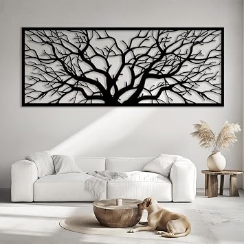 XXQ Tree of Life Metal Wall Art, Elegant Black White and Gold Metal Wall Decor Horizontal Wall Hangings for Modern Home Aesthetic Black, 53" x 21" / 135 x 53 cm