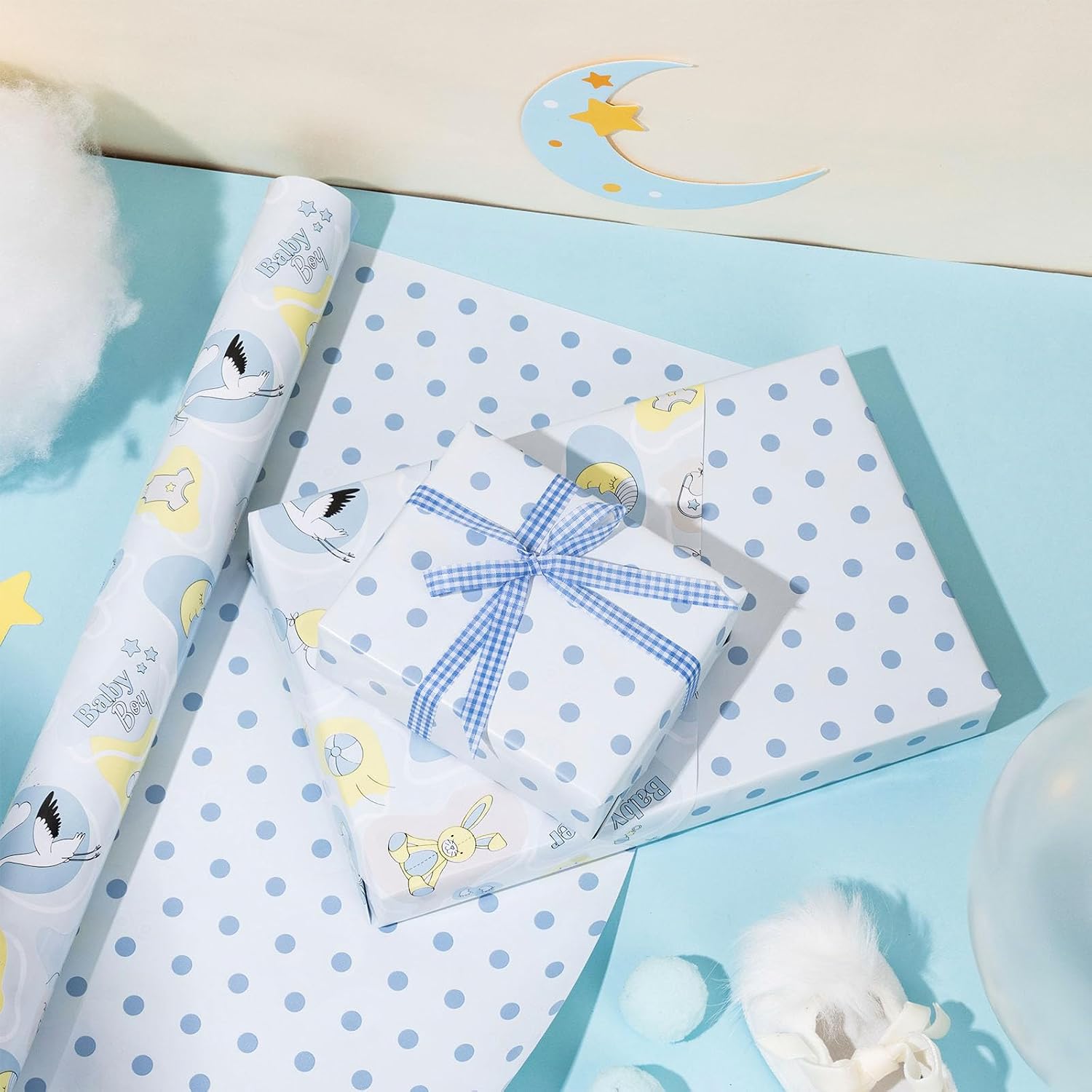 LeZakaa Reversible Blue Baby Shower Wrapping Paper Roll, Baby Toy, Bunny in Baby Blue & Polka Dots for Baby Shower, Baby Boy's 1st Birthday, Newborn Party, Mini Roll, 17 inches x 32.8 Feet image 4