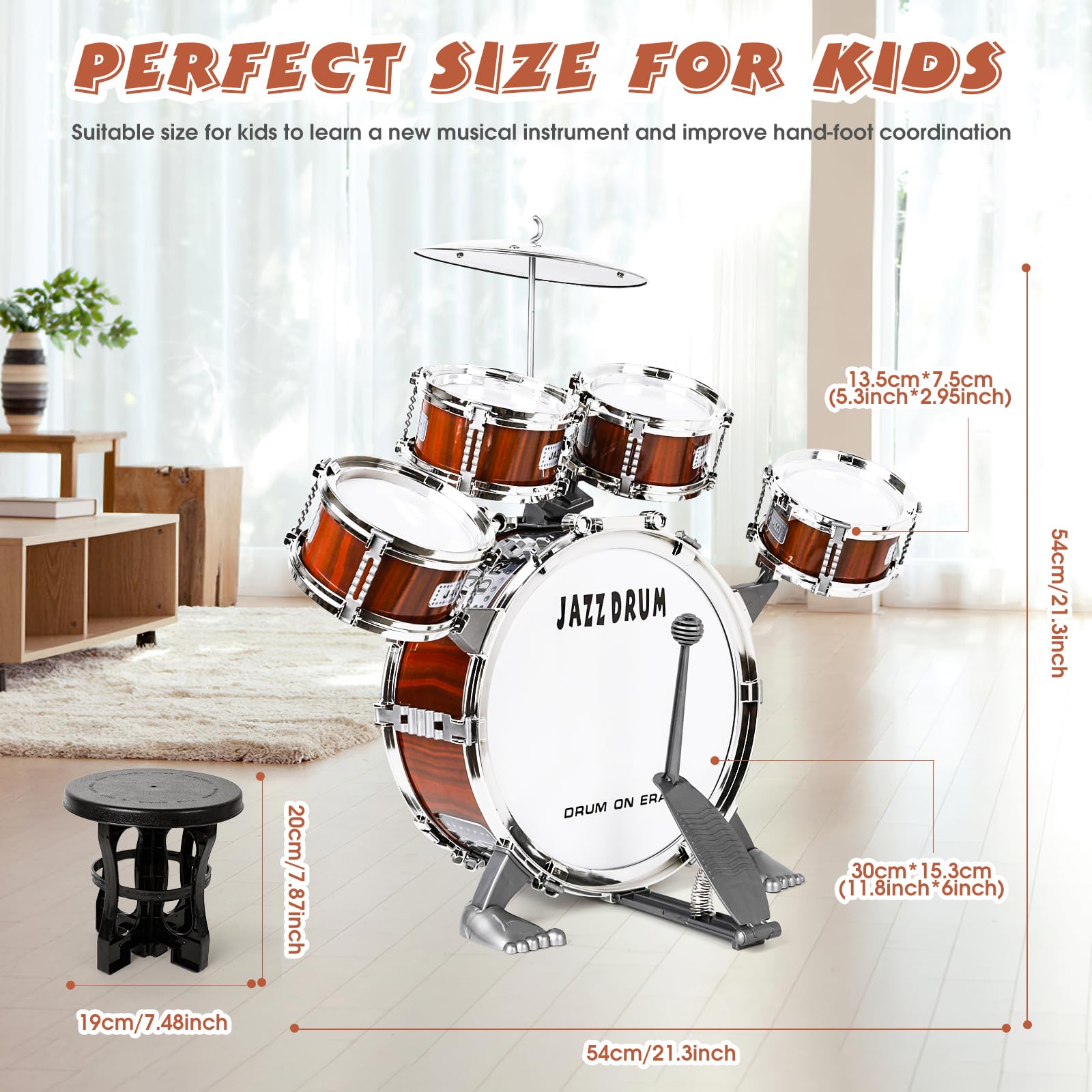 Kit de batería para niños, batería Infantil, Instrumento de 5 Tambores con Taburete, batería Infantil, Instrumento Musical, educación temprana,, Juguetes para 3 4 5 años
