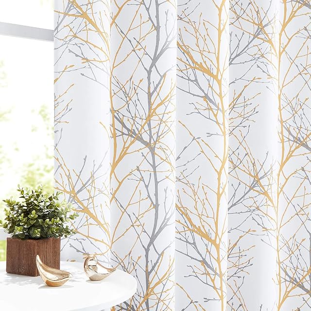 Fmfunctex Yellow-White Curtains for Living Room Bedroom 72" Grey Branch Print Curtains Blackout Window Curtain Panels with Liner 50w Grommet Top 2 Pack
