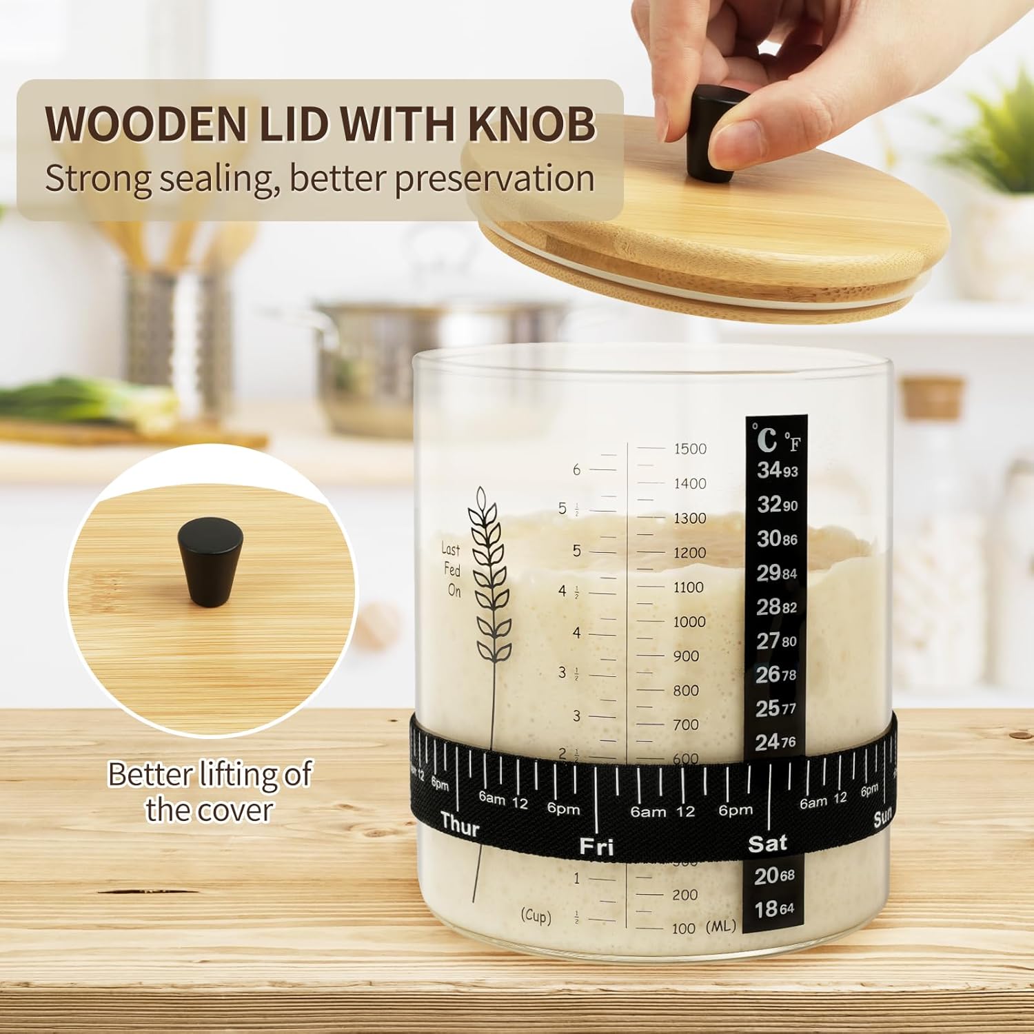 50oz Sourdough Starter Jar, Wide Mouth Sourdough Jar, Large Capacity Sourdough Bread Starter Kit with Lid, Band, Date Tracker, Temp, Sourdough Starter Kit for Sour Dough (1 Pack) - Image 4