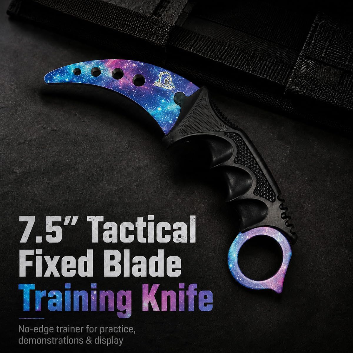 Falcon 7.5” Tactical Fixed Blade Training Knife – No Edge Trainer with 3 Finger Ring ABS Handle, Protective Sheath & Rope Lanyard for Practice, Training & Display (Blue Galaxy)