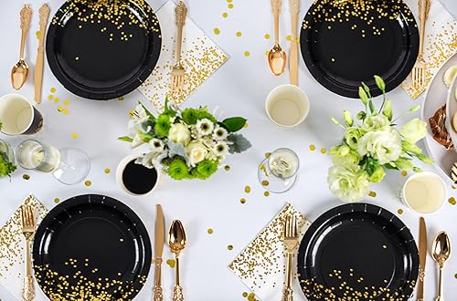 Miniatura 4 de Platos negros de papel negro de 9 pulgadas, 50 unidades, platos de papel negro y dorado para fiesta, 21 cumpleaños, graduación, Año Nuevo