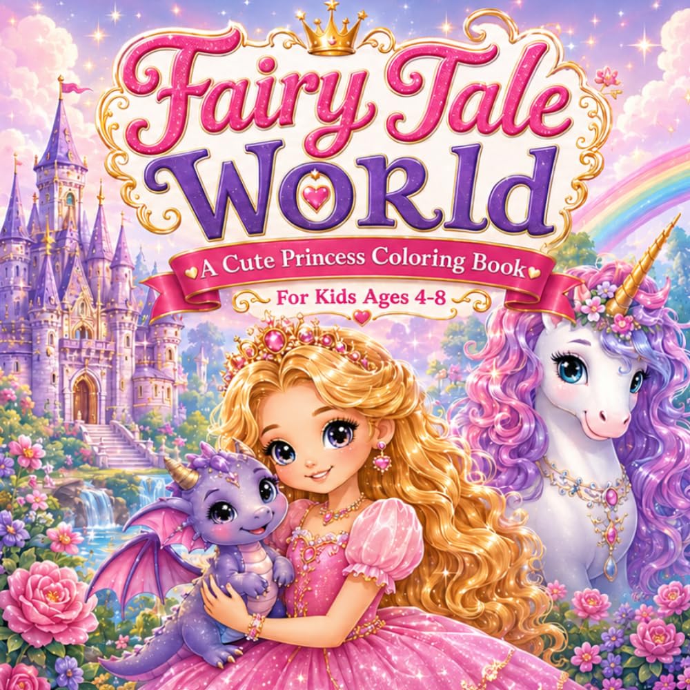 Fairy Tale World Coloring Book: A Cute Princess Coloring Book with Dragons, Unicorns, Castles, Fairies, Mermaids and Magical Adventures
