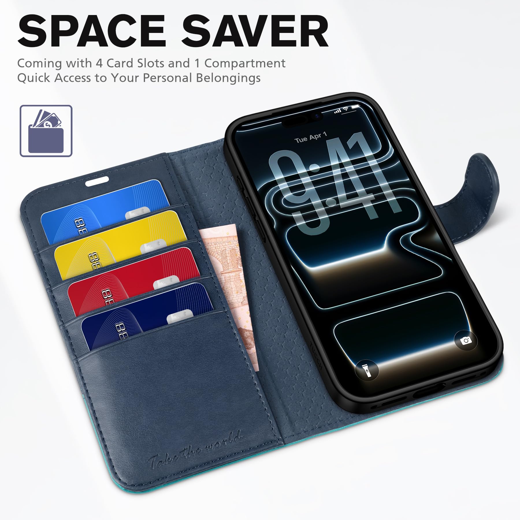 TUCCH Cover per iPhone 17 Pro Max 6,9-pollici 5G 2025 [Blocco RFID] Portafoglio | Custodia Pelle Sintetica Antiurto TPU, Pieghevole Slot Schede Elevata Protezione Chiusura Magnetica, Blu & Blu Lago