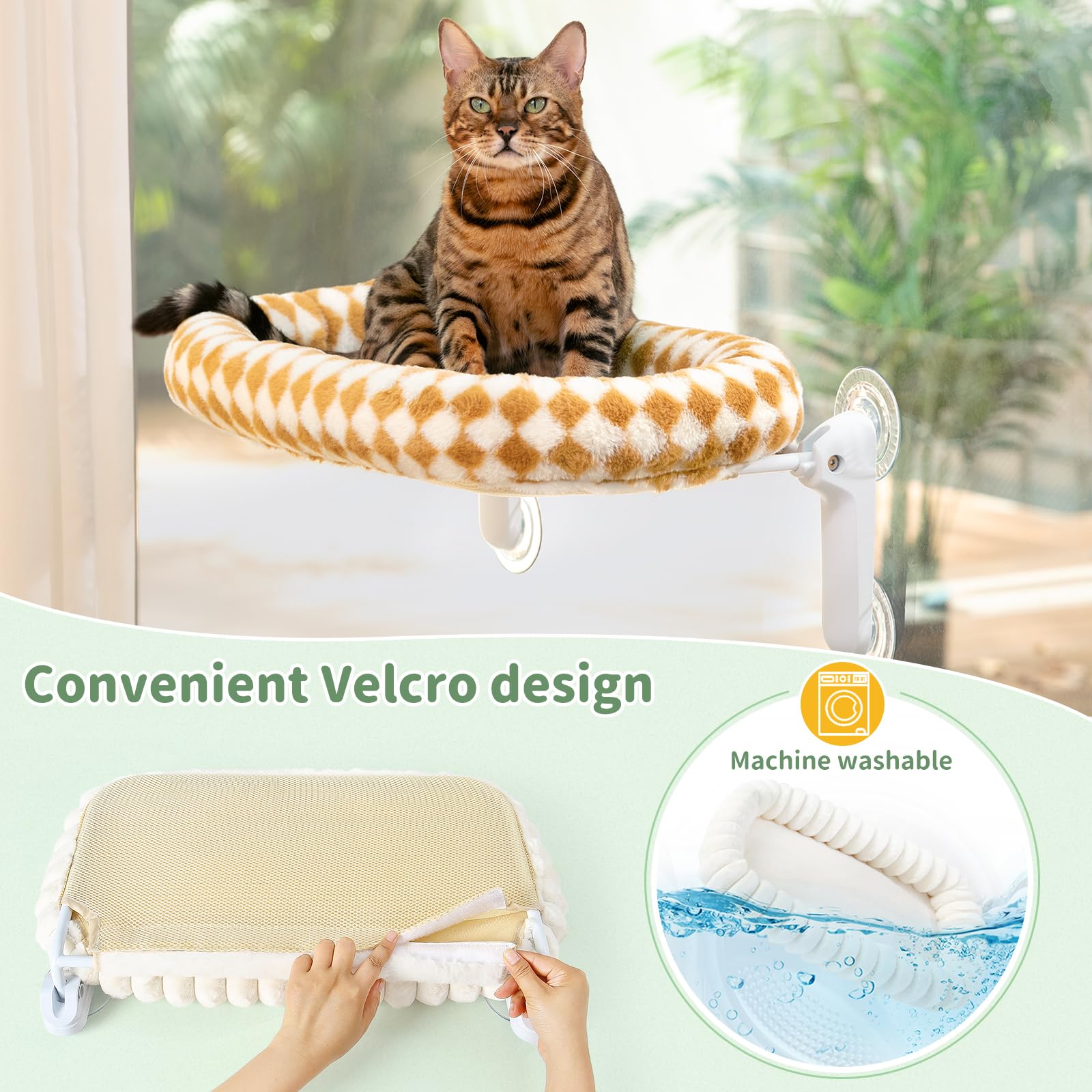 Sunhoo Lettino pieghevole per finestra per gatti, per davanzale, amaca, con ventosa, per interni, con morbido cuscino in peluche, lavabile in lavatrice, 54 x 30 cm (marrone, M)