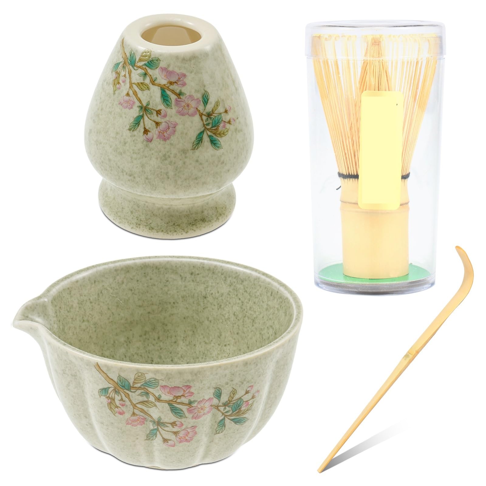 Ensemble Matcha Ensemble de 4 fouets à Matcha, élégant Ensemble Tasses thé avec Support for Fouet, Bol en céramique, ustensile Cuisine for Les Amateurs(Green)