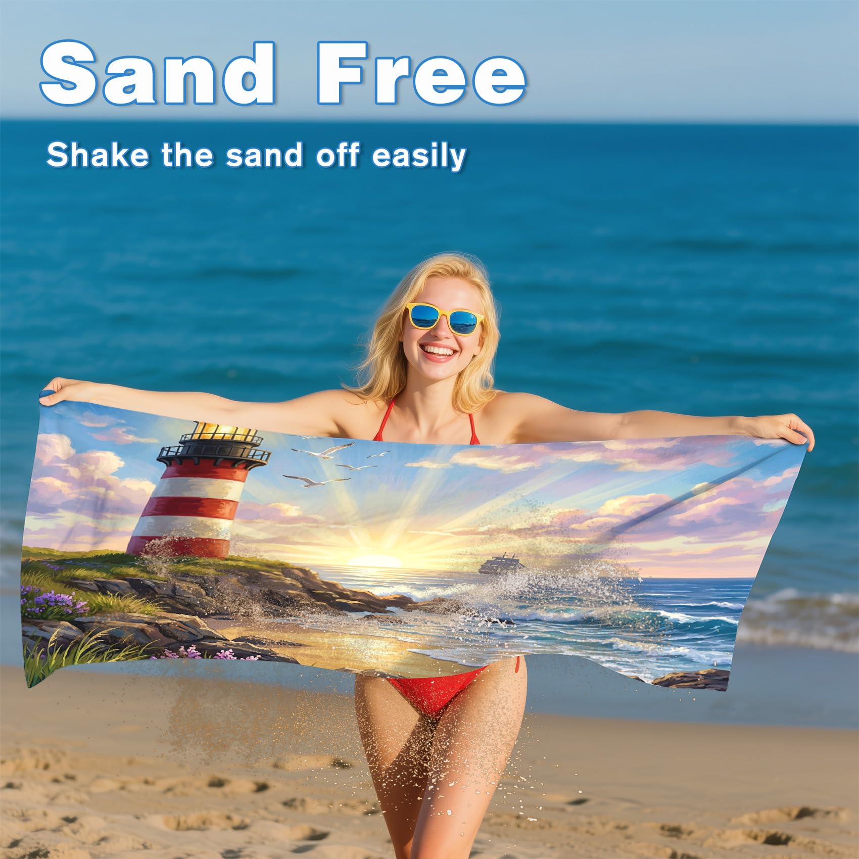 Serviette de Plage XXL Microfibre Phare Côtier Mer Paysage Marin, Drap de Plage Séchage Rapide Anti Sable & Légère, Serviette de Bain Grande Taille 100x200 cm, Accessoire & Cadeau été