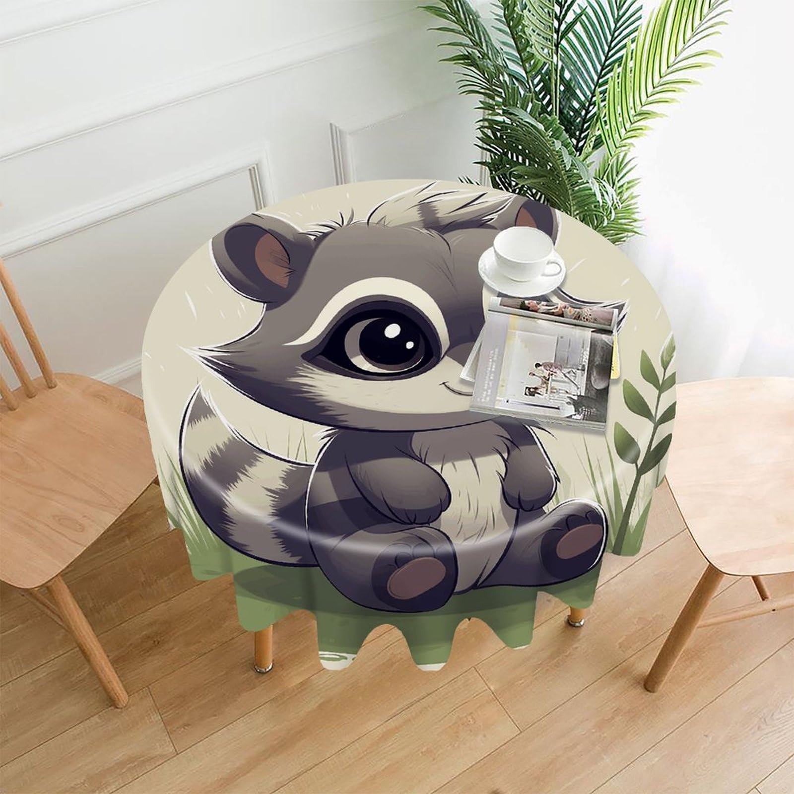 MUSM 60 Inch Raccoon on The Grass Round Tablecloth Wipeable Washable Table Cover for Kitchen and Dining Room Decorative Table Cloth for Party Holiday Picnic Outdoor