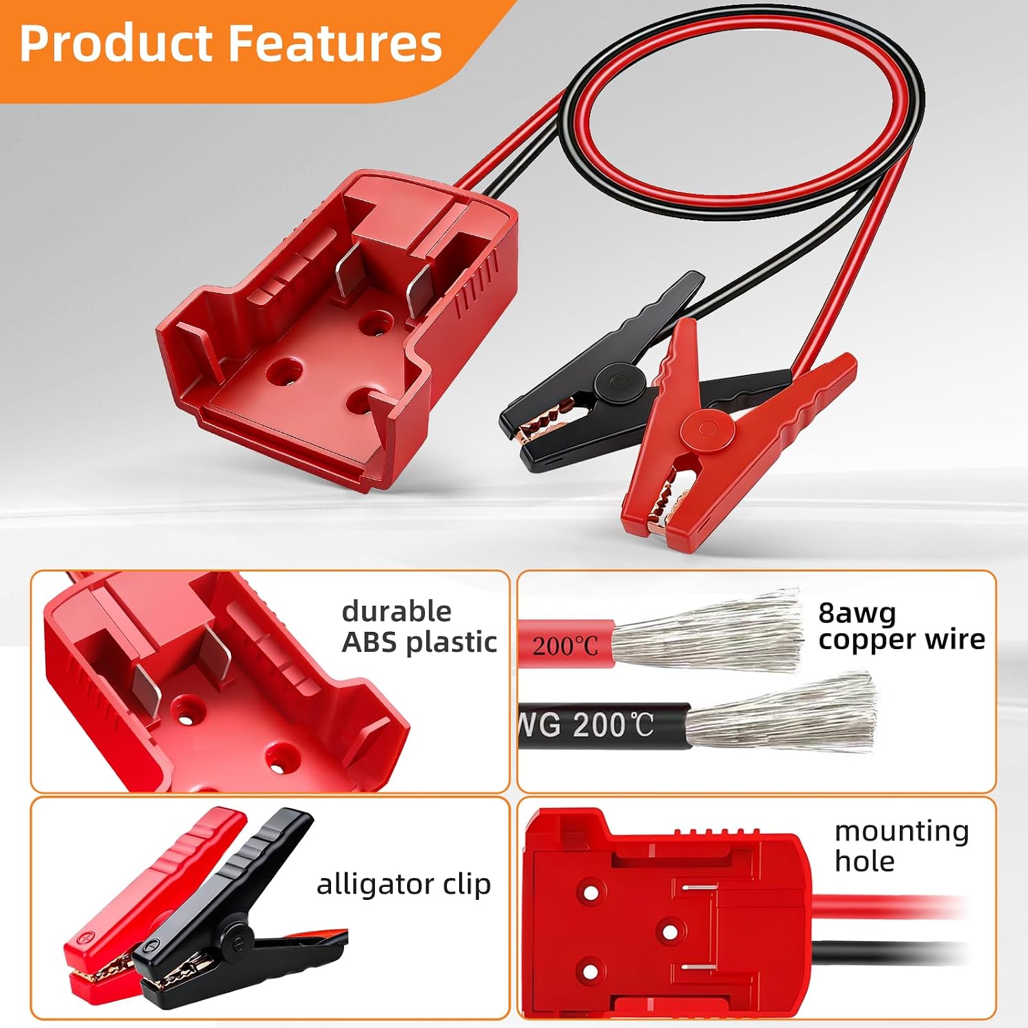 2FT 8AWG heavy-duty soft silicone cable battery adapter with alligator clips,compatible with Mil.Waukee M18